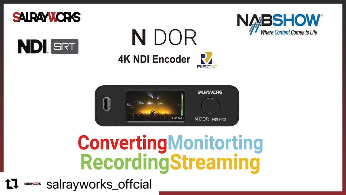 Reposted from Salrayworks' Instagram

Check out the N DOR, our groundbreaking NDI HX encoder. It boasts real-time video and audio monitoring and streaming capabilities through NDI, SRT, and RTMP protocols! #salrayworks #NDOR #NDI #NDIHX #streaming #converter #NAB2024 #h264encoder