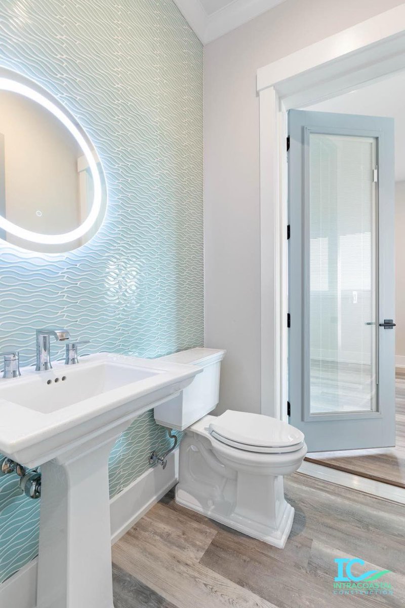 Intracoastalco1's tweet photo. Half bath off the beach? Oh yes. Waves and all. #intracoastalconstruction #luxury #bath #backlitmirror #pedastalsink #flagler #florida #beachlife #tile #customhome #design #palmcoastbuilder https://t.co/ipw3i7T93U