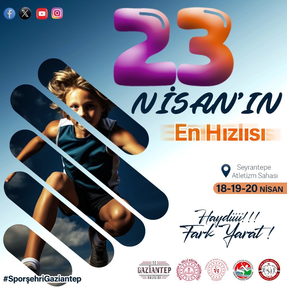 23 Nisan Ulusal Egemenlik ve Çocuk Bayramı etkinlikleri kapsamında 18-19-20 Nisan 2024 tarihlerinde Seyrantepe Atletizm Sahasında 23 Nisan’ın En Hızlısı Atletizm Yarışı gerçekleştirilecektir.🏃🏻‍♂️🏃🏻‍♂️ Tüm sporseverleri bekliyoruz. @kemalcebervali @yasintepe #sporşehrigaziantep