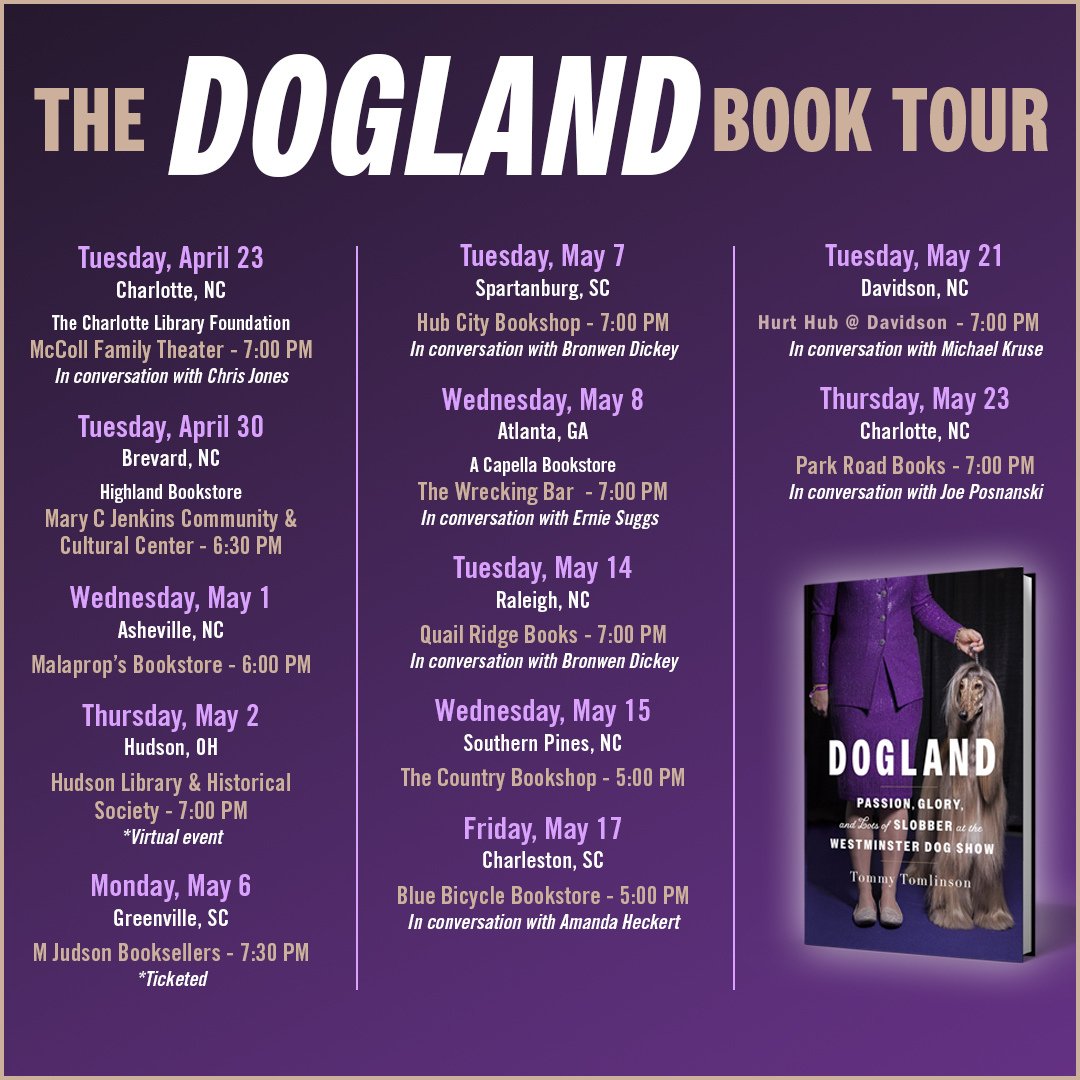 DOGLAND BOOK TOUR!!! ✨ Join @tommytomlinson on tour for his 'delightful' (Town & Country) new book that follows one dog on his quest to become a champion—and explores the bond between dogs and their people. 💜 Out on Tuesday!