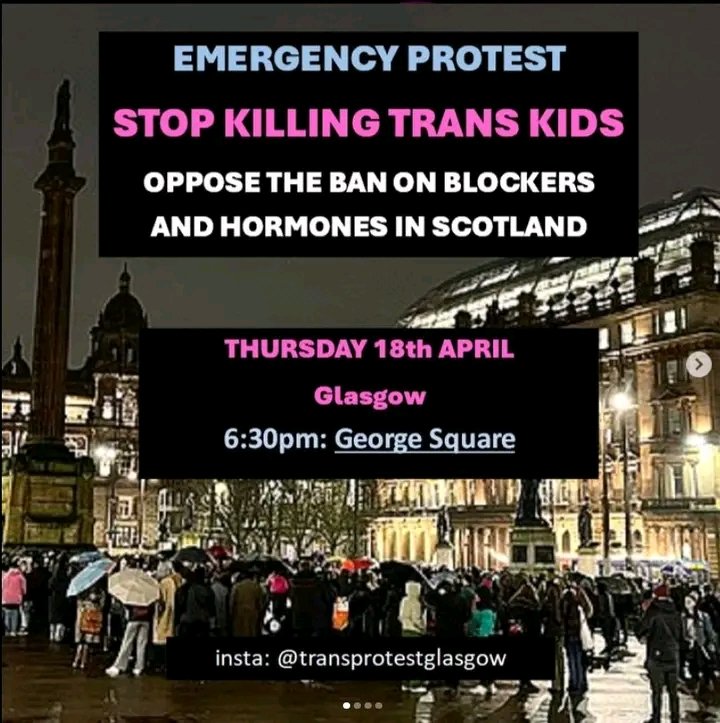 transprotestgla's tweet image. EMERGENCY PROTEST: Thursday 18 April

Oppose the ban on blockers and hormones for trans youth in Scotland!

6:30pm: George Square, Glasgow