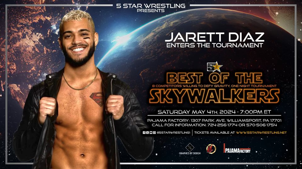 Our next invitee debut for us in 2023 and returned at we are 5 star. Jarett Diaz is a fierce competitor and determined to win the tournament! Tickets are on sale now at 5starwrestling.net or call 570-506-1754