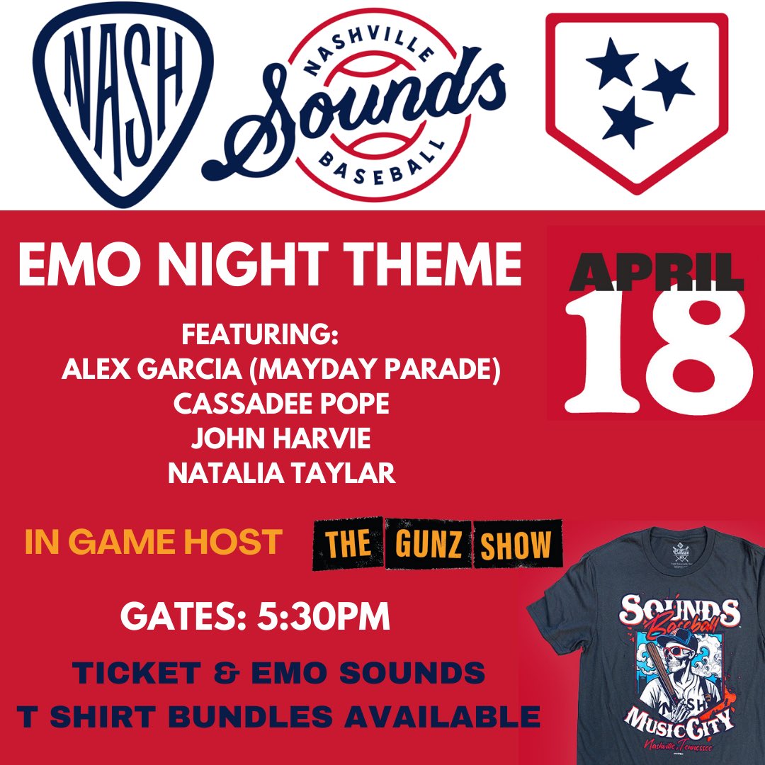 How cool is this! I’ll be DJin / hosting the @nashvillesounds  (Triple A Brewers) game tomorrow at their stadium. 

They are having their first ever Emo Theme Night, obviously hit me up as the emo king, and I’ll be joined by my buds @maydayparade @johnharvie_ @CassadeePope