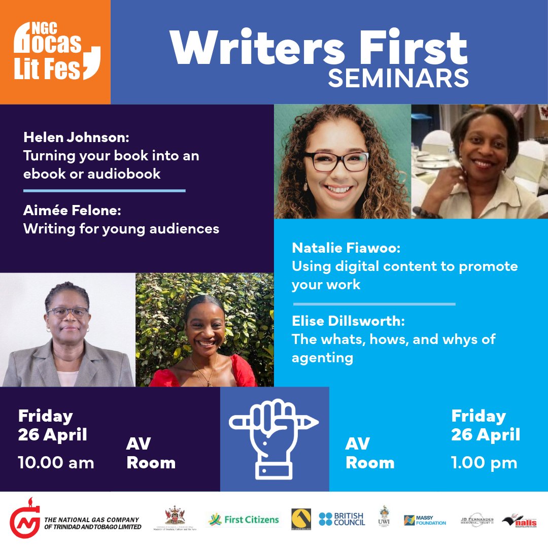 Writers First — our series of free seminars for early-career & self-published authors — returns, covering crucial aspects of the book business & tips to unlock creativity. @NALISTT @aimeefelone @_KnightsOf @NatFiawoo @AfricaWritesUK @EliseDillsworth #bocas2024 @NGCGascoNewsTT