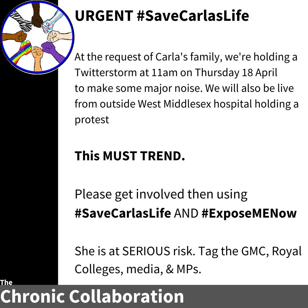 #pwME & our allies will be taking our outrage, anger, grief, our fear & our desperation at what's being done to #Carla by @NHSuk to this Twitterstorm tomorrow at 11am & we need you to join us using the hashtags # #SaveCarlasLife & #ExposeMENow 

#MEAwarenessHour