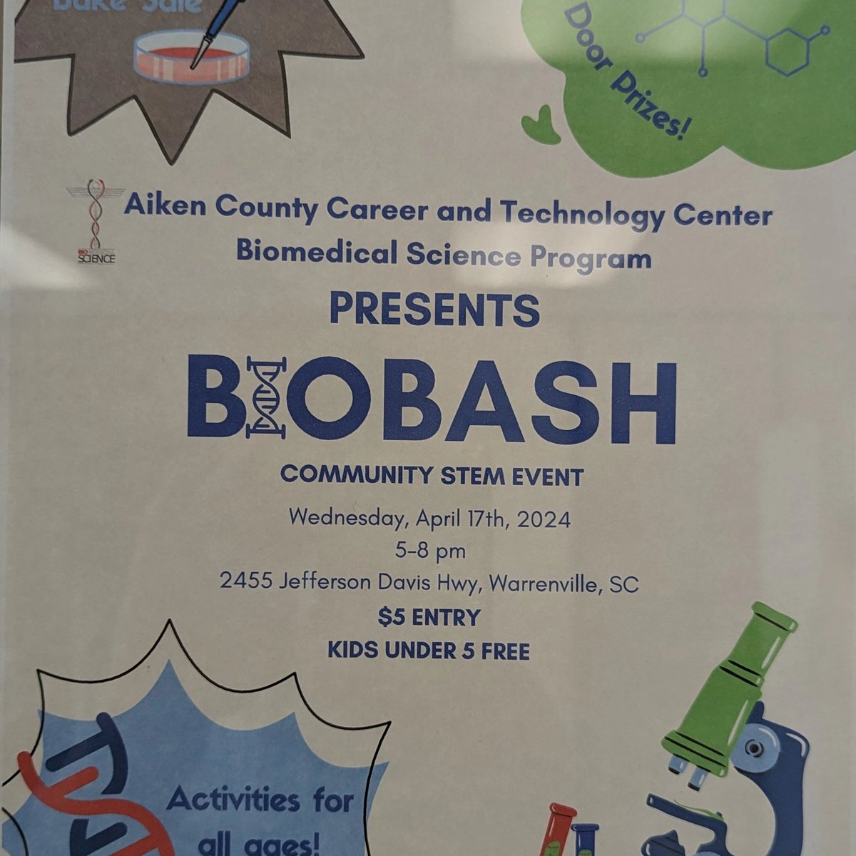 BioBash is tonight from 5-8 pm.  Munchie's bbq will be here, along with a bake sale and many lab stations for students of all ages.  Please encourage your students to attend.  The cost for them is $5.  We will have some awesome door prizes.