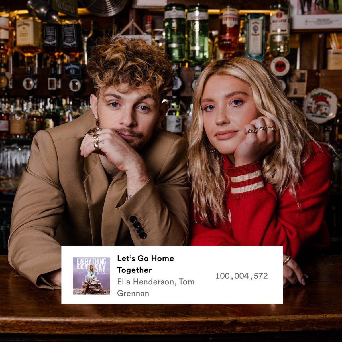 .@EllaHenderson and @Tom_Grennan 's 'Let's Go Home Together' has now surpassed 100 MILLION streams on Spotify! 🍻

It's Ella's TENTH song to reach this milestone.