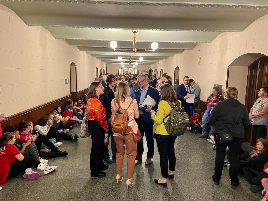 Tornado warning at the Capitol today. 🌪️ The adults apparently don't remember their tornado drill basics, but fortunately the school groups visiting today know theirs and can show the way! @ElenaDurnbaugh @dani_james21