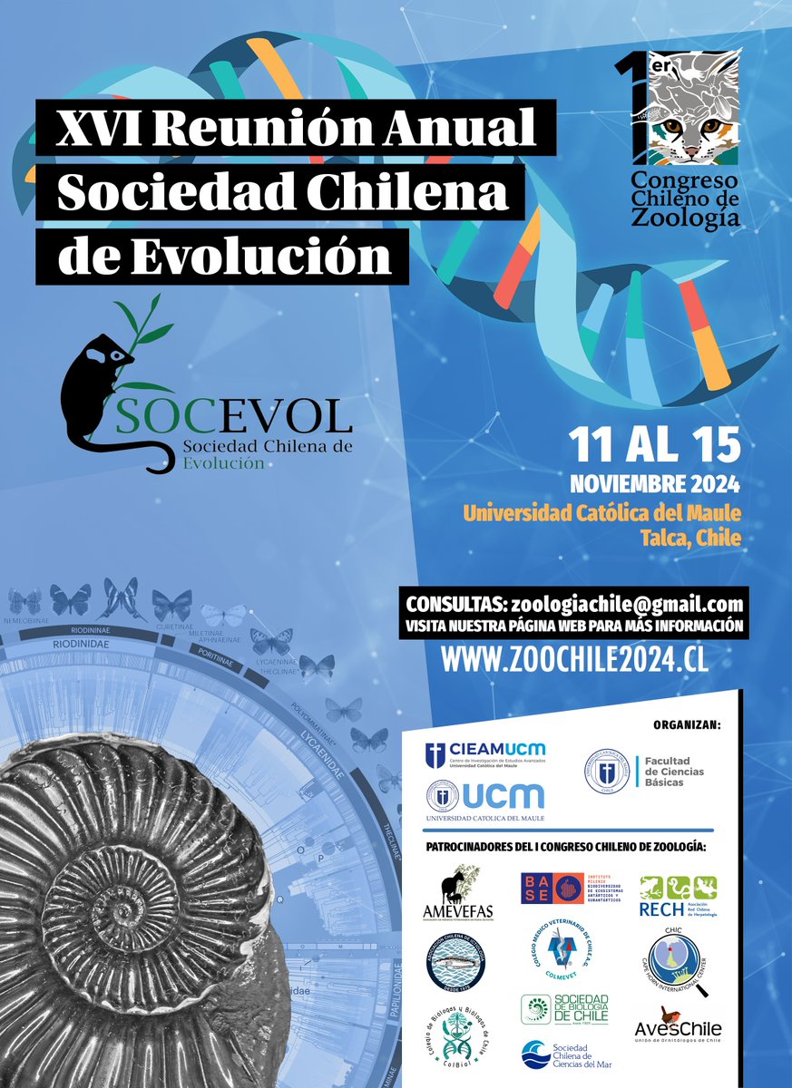 Anunciamos que nuestra XVI Reunión Anual de la Sociedad Chilena de Evolución se realizará entre el 11-15 de Noviembre en las dependencias de la Universidad Católica del Maule, y compartiremos congreso junto con el Primer Congreso Chileno de Zoología!!