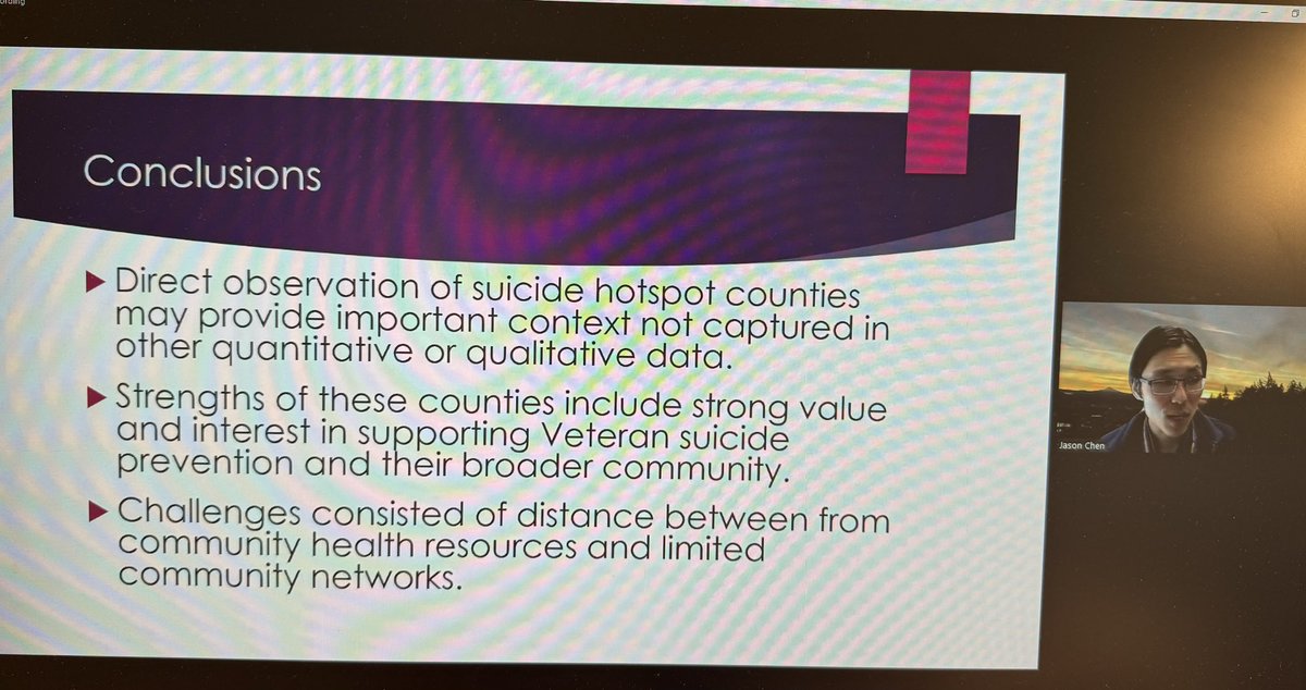 I enjoyed @Jason_I_Chen ‘s talk on #rural #veteran #suicideprevention at #srs24 interesting finding: direct observation of suicide hotspot counties may provide important context. @RMIRECC
