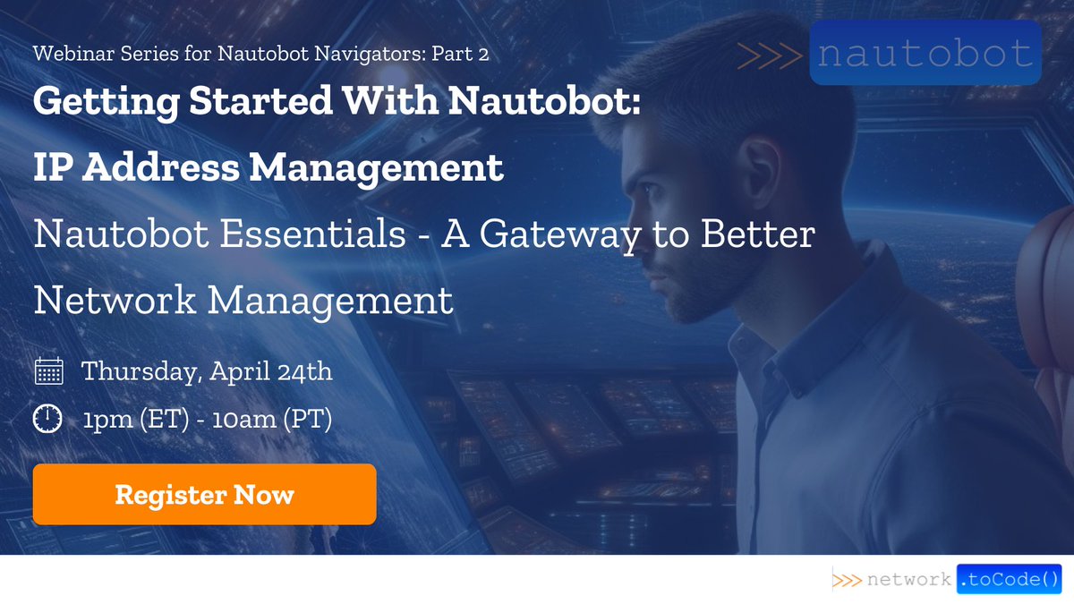 Prepare for the next chapter in NTC’s Nautobot Navigators webinar series! 🤖 We’ll be exploring Nautobot’s IP Address Management (#IPAM) feature! Uncover the power of Nautobot, your ultimate Network Source of Truth (#NSOT) and Automation platform. 👉 hubs.ly/Q02tdkK40