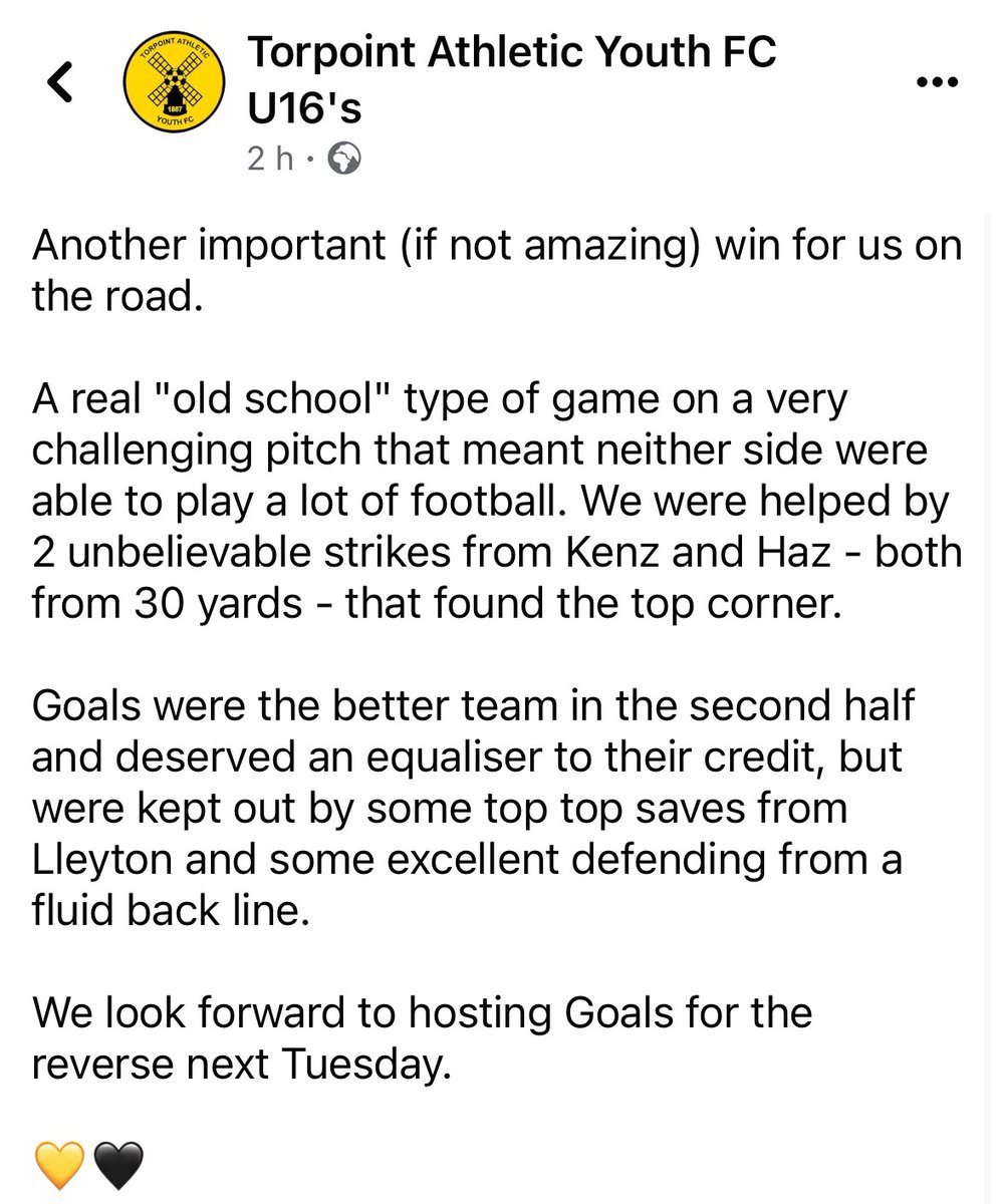 TorpointYouth16's tweet photo. Another win, not pretty but 3 points 💛🖤 https://t.co/vgNeQ2VsK7