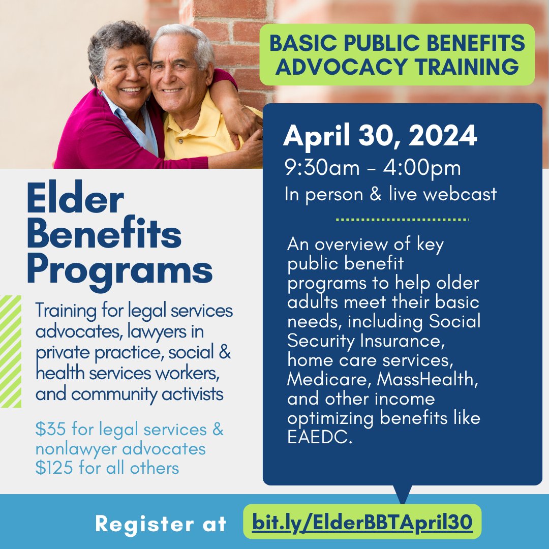 Want to learn about key benefit programs that can help older adults meet their basic needs? ⁠ ⁠ Join experts from MLRI, @LegalAidSCCLS, @Cmty_Legal_Aid, @BostonLegalAid, @DLCMA, & @Mass_EOEA for a training on April 30. ⁠ ⁠ 🔗 Learn more at mcle.org/product/catalo…