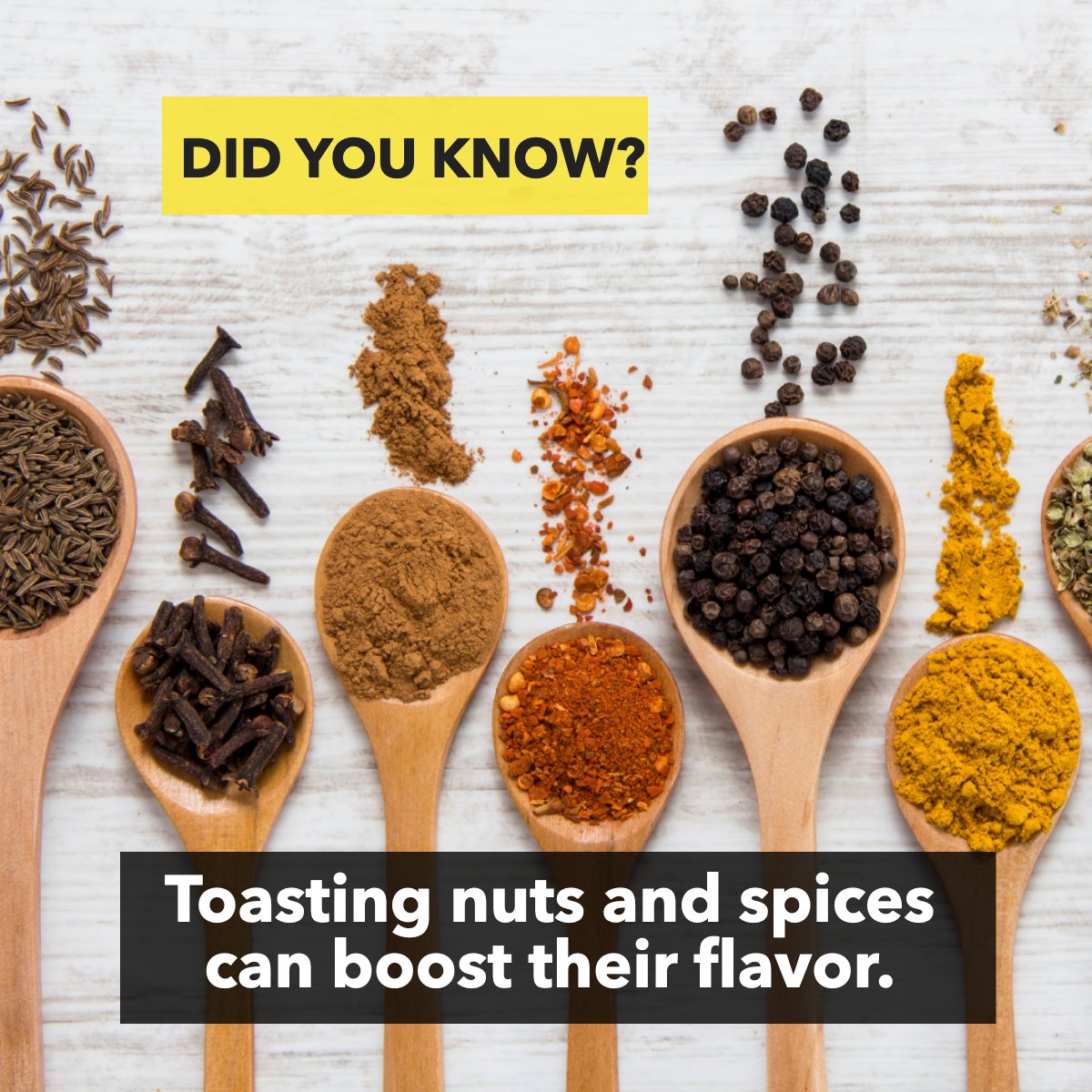 All the foodies in the house, raise your hand!

Did you know? Toasting nuts and spices 🌶 can boost their flavor.

Do you know any cooking secrets? Share them below. 

Go on. You know you want to. 

#kitchen #cooking #kitchenhacks #cookingtips #woodenspoons