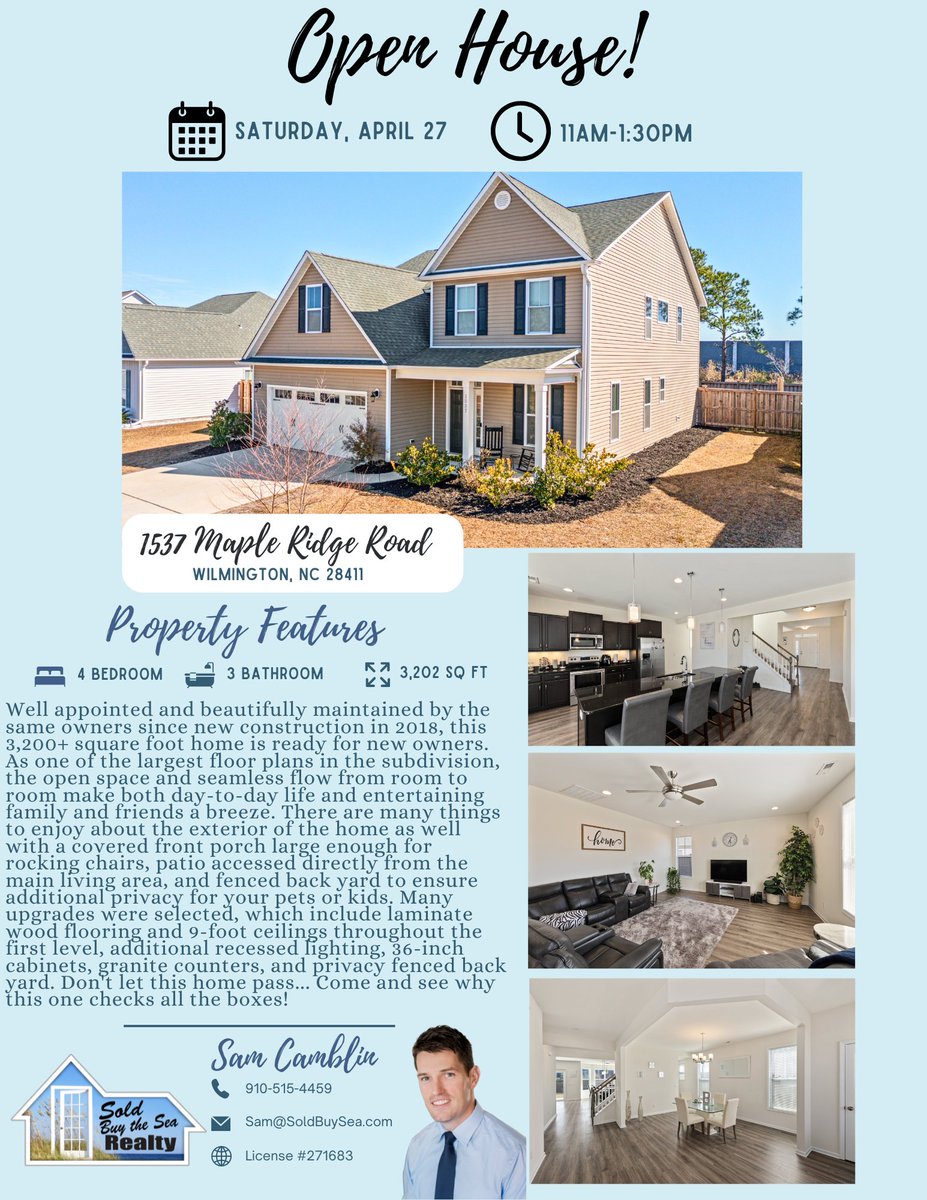 Make sure to stop by April 27th from 11-1:30 to view this beautiful home at an Open House! Light snacks and refreshments to be provided.   #coastalncrealestate #soldbuysea #coastalnc #coastalcarolina #coastalncliving #coastalliving #wilmingtonncrealestate #wilmingtonnc