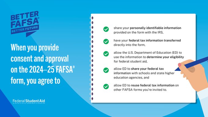 Now is the time to submit the 2024-25 #FAFSA form! One of the new requirements you’ll see? Providing consent and approval is required to be eligible to receive federal student aid. Here’s a video showing exactly what that means: bit.ly/3U35qvl