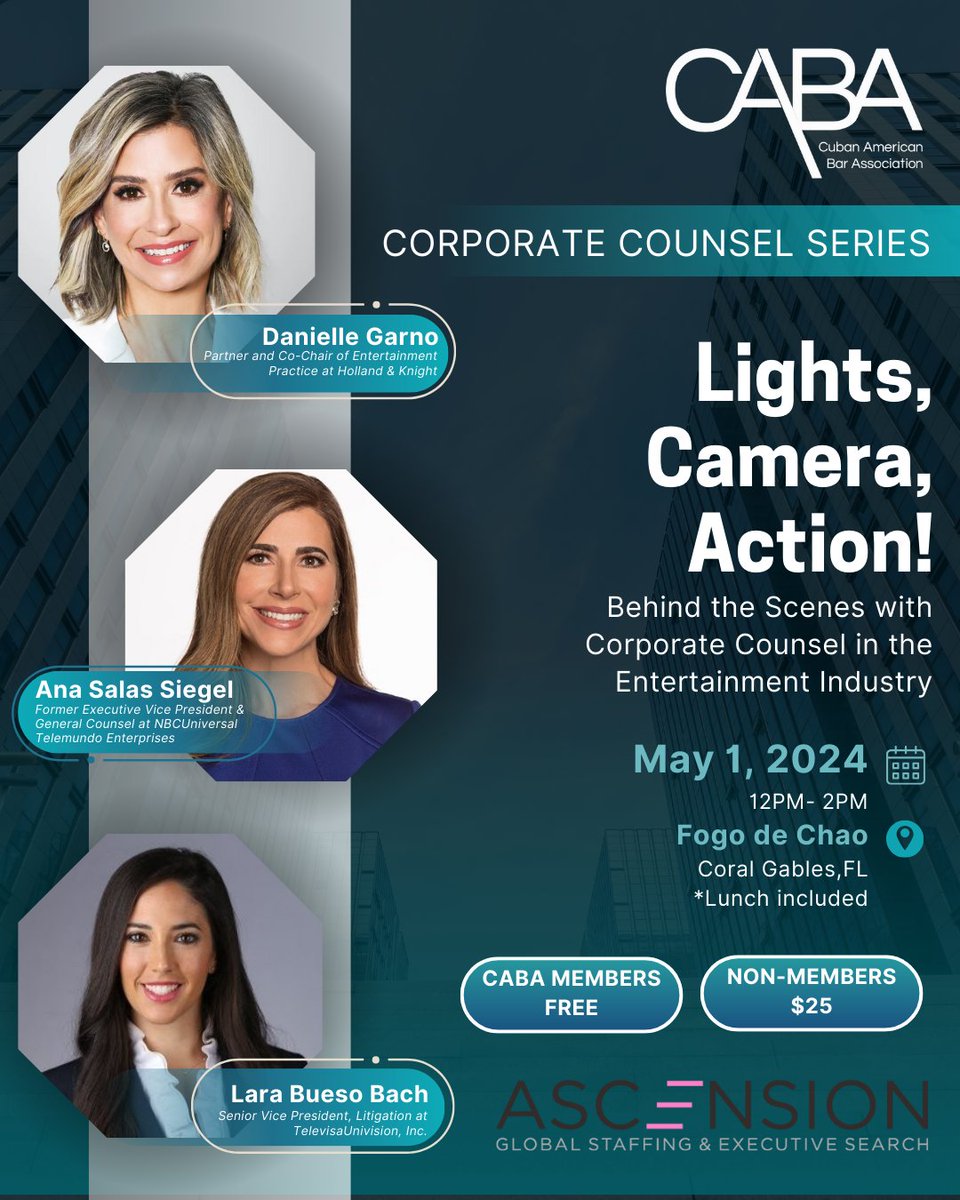 Lights, Camera, Action! We are kicking off this year’s Corporate Counsel Series at Fogo de Chao on May 1st. Thank you to Ascension for making this series possible. Be sure to use the link here to register, if you have not already done so: caba23.wildapricot.org/event-5682700