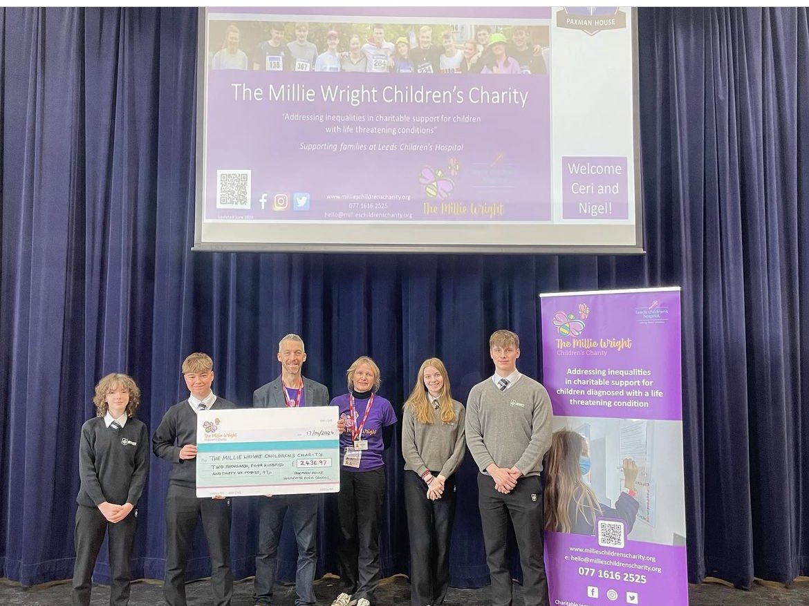 Well done Paxman House for raising a grand total of £2436.97 for @millie_charity on their Charity Day earlier this year. Our pleasure to welcome Ceri and Nigel to school today to accept the cheque 😊💙