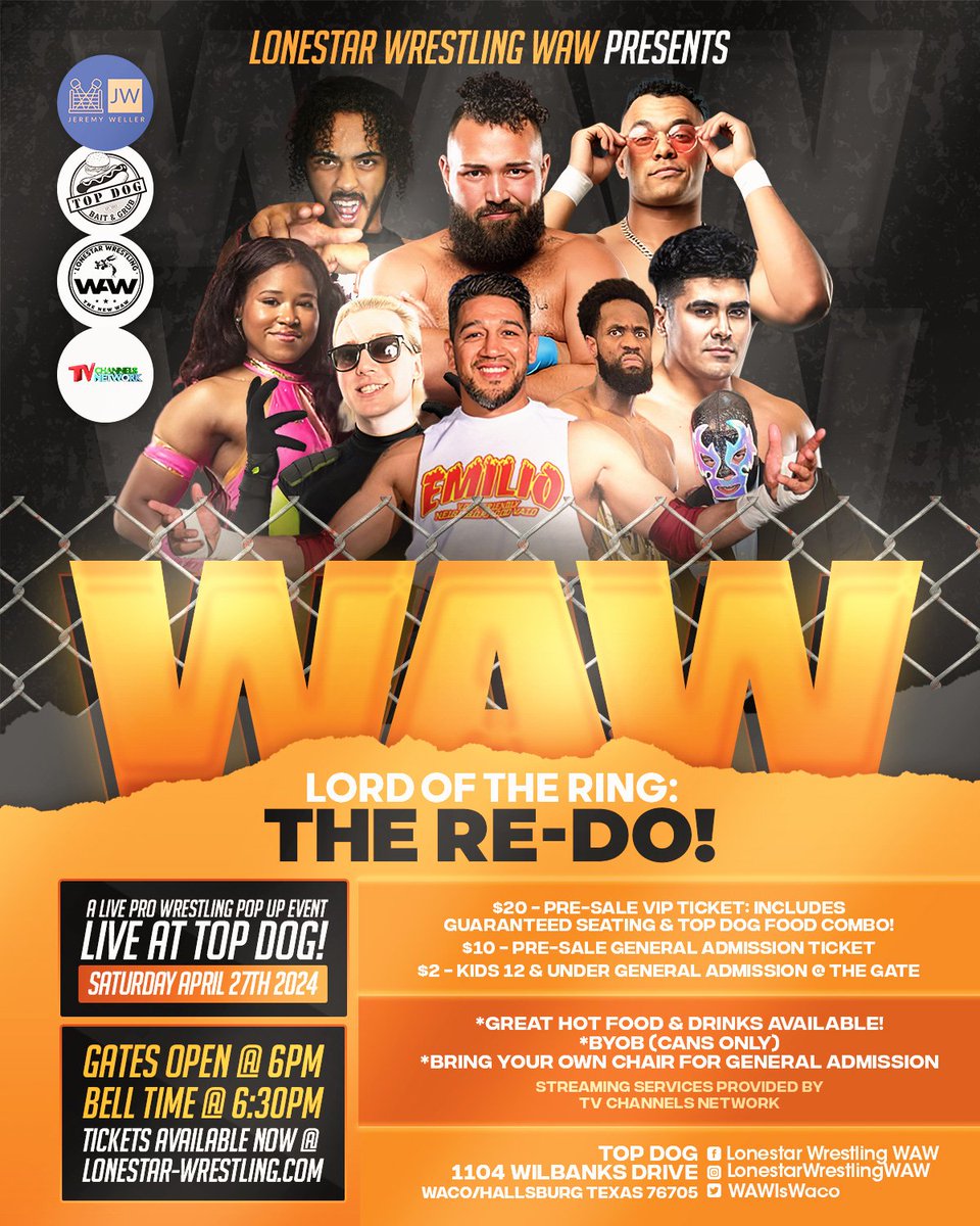 🚨 Pop Up Event!! 🚨 On Saturday April 27th Live at #TopDog in #Waco Texas!  3 #Championship Matches!  Tickets Available Now!
🎟️ Lonestar-Wrestling.com

#WAW #Texas #ProWrestling #LiveProWrestling #TexasWrestling #IndieWrestling