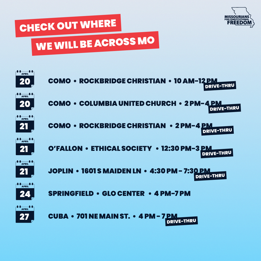 Time is running out! Help us #EndTheBanMO! It takes just minutes to sign at our upcoming drive-thru signature collection events. Now’s your chance! Click the link to find out more about signing and training opportunities: mobilize.us/mfcf/