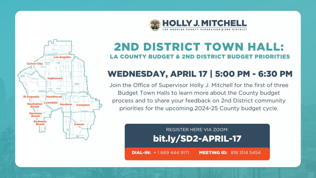 TODAY, April 17 from 5:00 pm - 6:30 pm, join us for the first of three budget town halls our office is doing on LA County's upcoming budget process. Share your feedback on 2nd District community priorities for the upcoming 2024-25 County budget cycle. Spanish, Korean and ASL