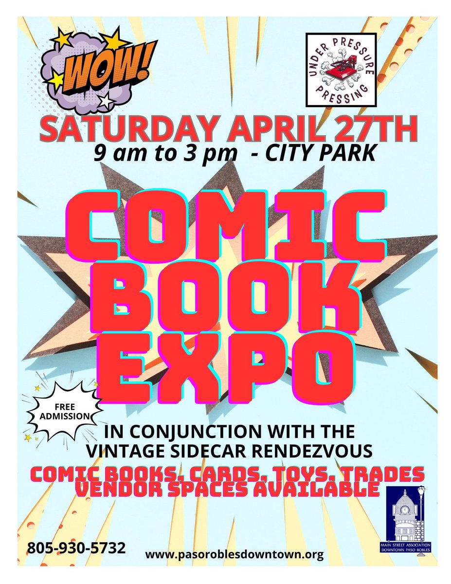 Rolo1981's tweet photo. PASO ROBLES COMIC BOOK EXPO
April 27th 2024

If you live in or near the central coast, San Luis Obispo County, you can’t miss this #comicbooks expo!

It’s being organized by a buddy of mine that presses #comics. Instagram handle is: underpressurepressing

We expect a huge turn out due to it being in conjunction with the Sidecar Rendezvous.

There are already 13 booths booked including well known artists, and vendors that will be selling heavy hitter books.

My buddy has huge aspirations to make a comic con in the central coast. “Central Coast Comic Con” he says “One day we will book the whole @CaMidStateFair for the show”

He already has a GIGANTIC sponsor that I’m not really comfortable telling you about here.  (DM me and I’ll tell you)

If this isn’t enough then check out the wine country here, we have hundreds of wineries and about a dozen breweries like @FirestoneWalker and @BarrelHouseBeer . Not to mention the amazing restaurants that are on the @MichelinGuideNA 

If you want additional info or want a booth please call my buddy’s number on the flyer.

https://t.co/RqcLlPuOtX
