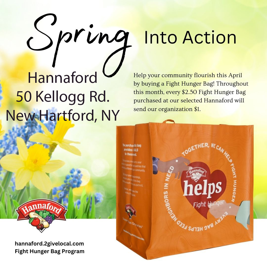 Rescue Mission of Utica has been selected as the beneficiary of "Hannaford Supermarkets Fight Hunger Bag Program!” Each time the specially marked bag is purchased at the store located at 50 Kellogg Road, New Hartford, during the month of April, we will receive a $1.00 donation.