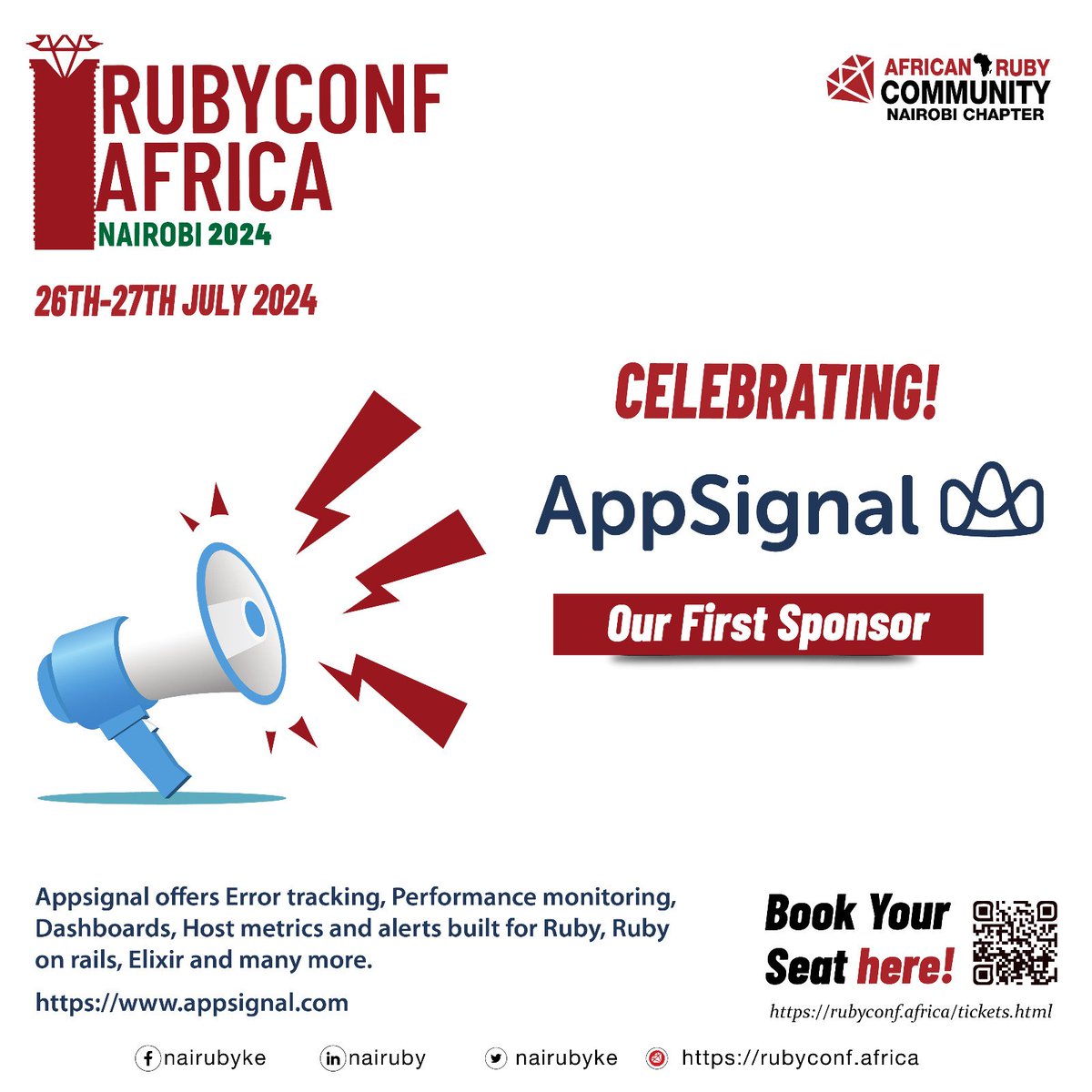 🎉 We're excited to announce @AppSignal as a sponsor for RubyConf Africa 2024 🥳💎! Join us on July 26-27 for an unforgettable conference experience. Huge thanks for their support! 🚀🌍 check them out! 👀 appsignal.com #africanruby #rubyconfafrica2024