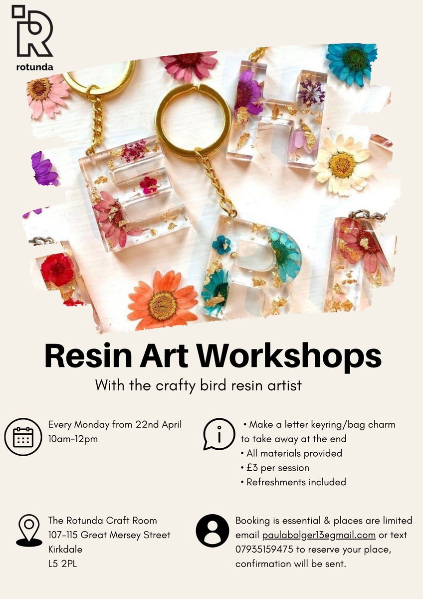 RotundaLtd's tweet photo. Resin Art Workshops start next week! 

Join us every Monday from 22nd April and learn how to make your own resin keyring! 

Free tea and coffee on arrival. 

To book your place use the details below ⬇️ 

#crafts #community #liverpoolcityregion https://t.co/YzcVcxQaFL