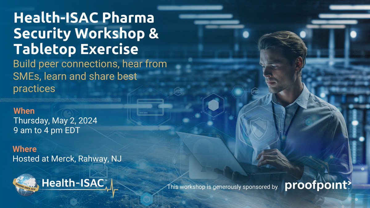 Attend this Health-ISAC Pharmaceutical Security Workshop & Tabletop Exercise in Rahway, New Jersey, on May 2. Challenges facing #pharmaceutical organizations. Register here: portal.h-isac.org/s/community-ev… Hosted at @Merck; sponsored by @Proofpoint. #ThirdPartyRisk #Pharma