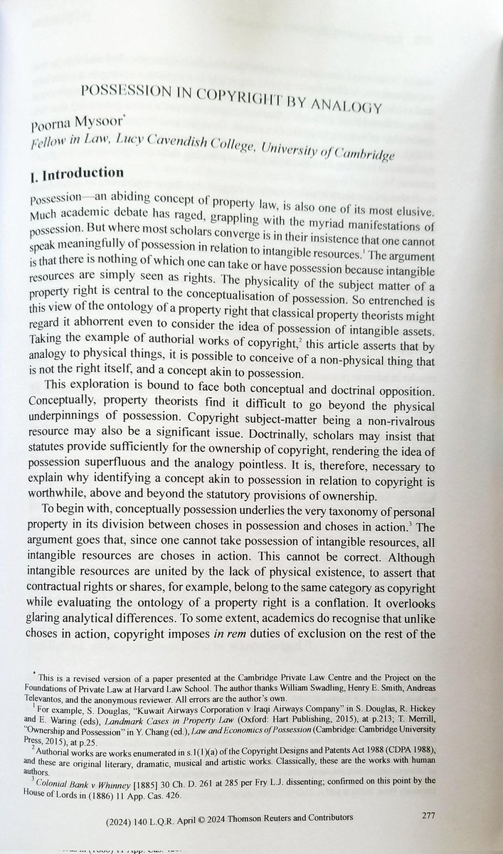 Delighted to see my article published in the Law Quarterly Review. It explores a concept analogous to possession in copyright and the doctrinal benefits this can bring.