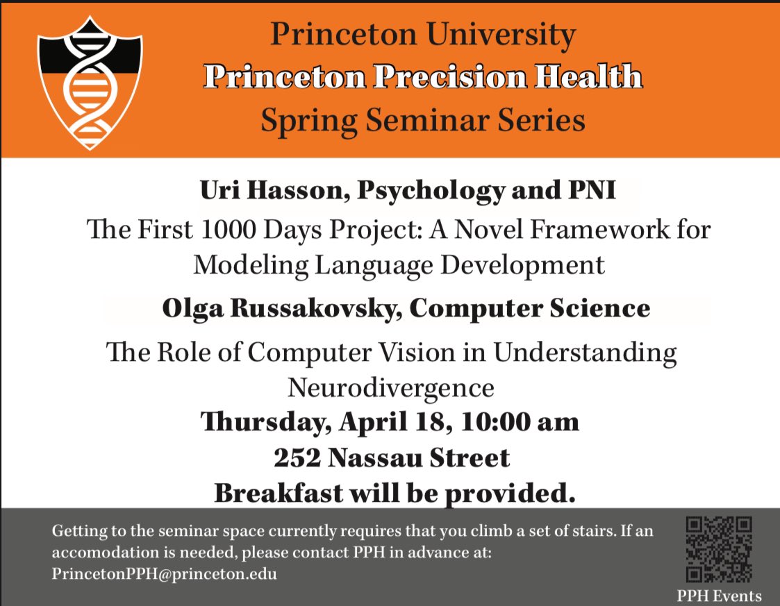 Do you want to know what’s happening at Princeton Precision Health? Join us this Thursday, April 18th for talks by Uri Hasson from Princeton Psychology @PsychPrinceton & PNI @PrincetonNeuro and Olga Russakovsky @orussakovsky from @PrincetonCS  #precisionhealth