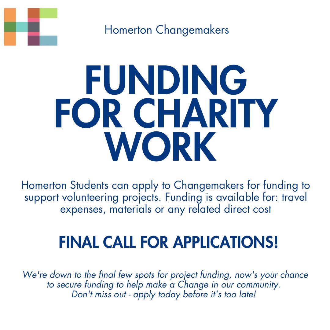 Homerton students, ready to make a difference? We have reached the stage where we can only give funding to a few more projects! Apply for Changemakers funding now! Don’t miss this fantastic opportunity💡💸 Thanks to @rupert_baines , our amazing supporter!