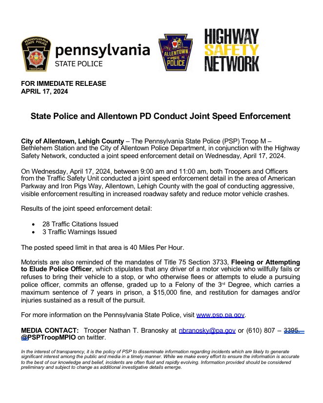 MEDIA RELEASE: State Police and Allentown PD Conduct Joint Speed Enforcement #AllentownPolice @PAStatePolice