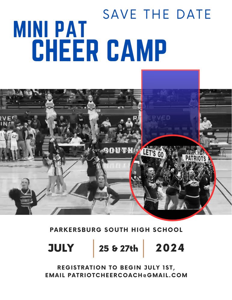 pshsathletics1's tweet photo. 🚨 Save the Date 🚨
Patriot Cheer will be holding a Mini Pat Cheer Camp for ages 5-12 on July 25th and 27th, 2024. 
Cost is $60 per person. Any questions contact Coach Nutt at patriotcheercoach@gmail.com. #gdtbap https://t.co/pq2D5H88n1