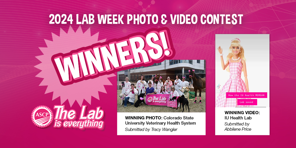 Congratulations to the winners of ASCP's 2024 #TheLabIsEverything photo & video contest! Tracy Wangler with @ColoradoStateU won top-voted photo and Abbilene Price with @IU_Health won top-voted video! We want to thank all 2024 participants and we look forward to next year!