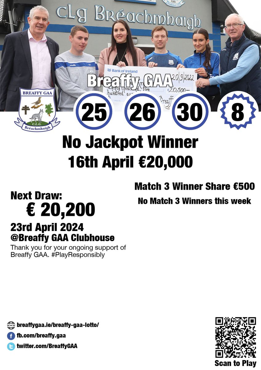 Breaffy GAA Lotto Results 16th April
breaffygaa.ie/breaffy-gaa-lo…

Results: 25, 26, 30 Bonus: 8
No Jackpot Winner

Congrats Lucky Dip Winners: 
No Match 3 Winners this week
Thank you for your ongoing support of Breaffy GAA. #PlayResponsibly