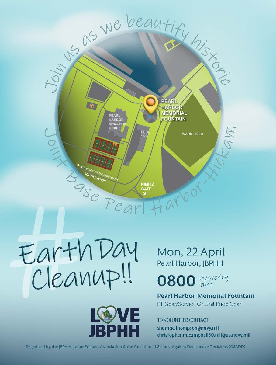 Be a part of the #LoveJBPHH #EarthDayCleanup on Monday 22April!! Meeting time is 0800 at the Pearl Harbor Memorial Fountain! 🌎💚