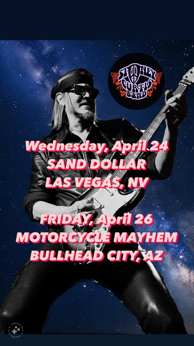 ⚡️STONEY CURTIS BAND⚡️ Wednesday, April 24 at Sand Dollar (Spring Mtn.) in Las Vegas. 10pm… Friday, April 26 at Motorcycle Mayhem in Bullhead City AZ. ⚡️✌️🤩 .. @BarryBarnes77 @jefftortora