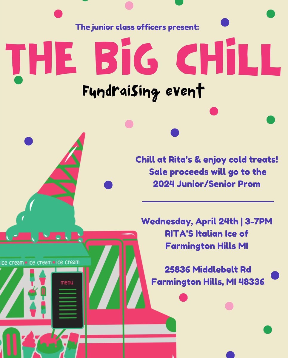 Start planning now for a special treat NEXT Wednesday! The Junior Class Officers invite you to The Big Chill. Between 3-7pm a portion of every purchase @ritasoffh will go to support the junior class. See you there!