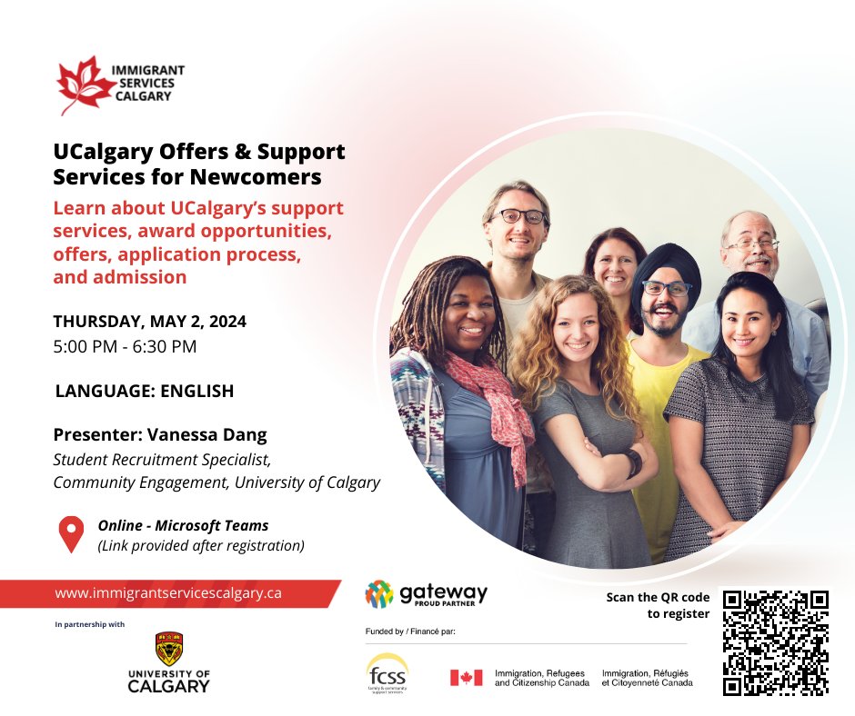 Are you a newcomer looking to study at the University of Calgary? Join Vanessa Dang, the Student Recruitment Specialist, Community Engagement to learn about support services, award opportunities, offers, application process, and admission! To register: immigrantservicescalgary.ca/event/ucalgary…
