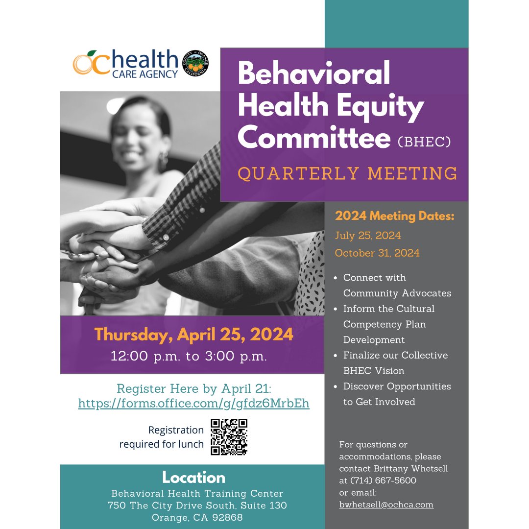 Join us on Thursday, April 25, for the upcoming Behavioral Health Equity Committee (BHEC) quarterly public meeting. Register here: forms.office.com/g/gfdz6MrbEh