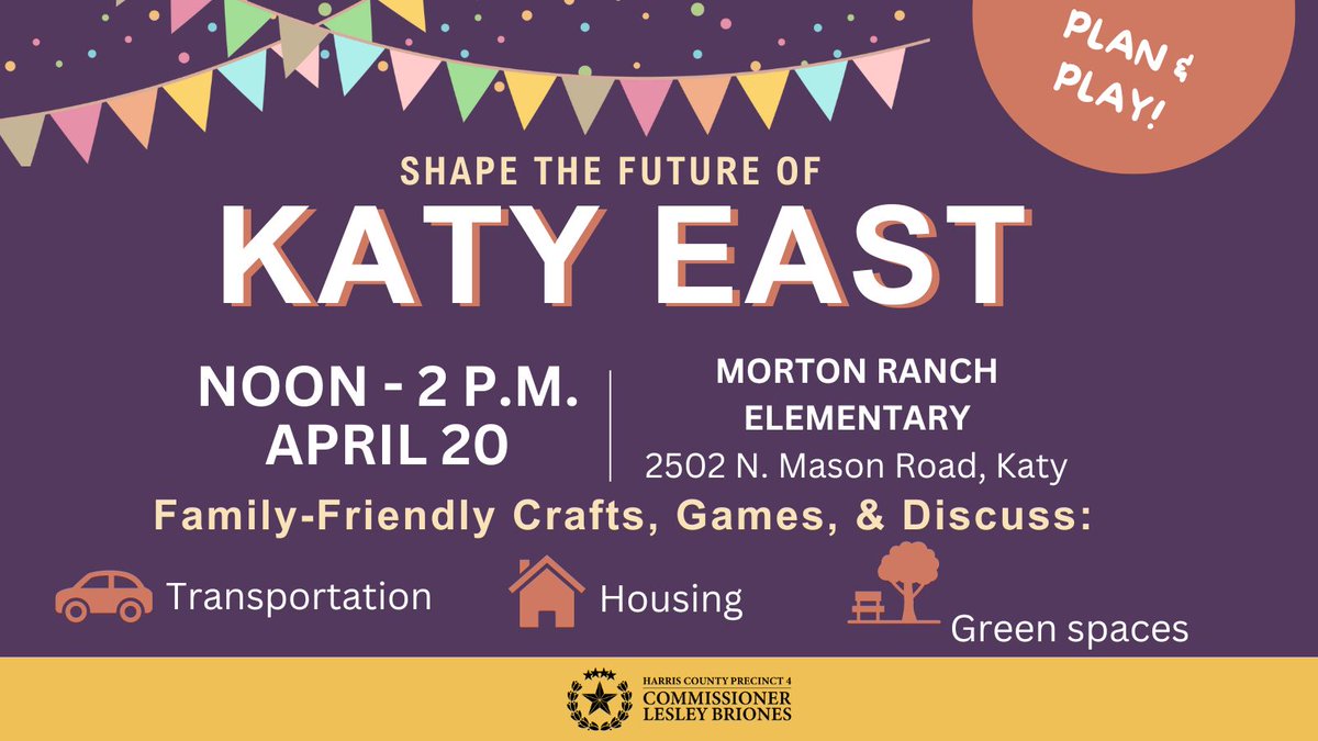 Plan and play! Katy ISD eastside families and community members are invited to a family-friendly event for the Katy East Community Plan and Mobility Study on Saturday, April 20 from 12-2 p.m. 🗺️ For more information, visit: bit.ly/3JjMJOT #KatyISDSafety