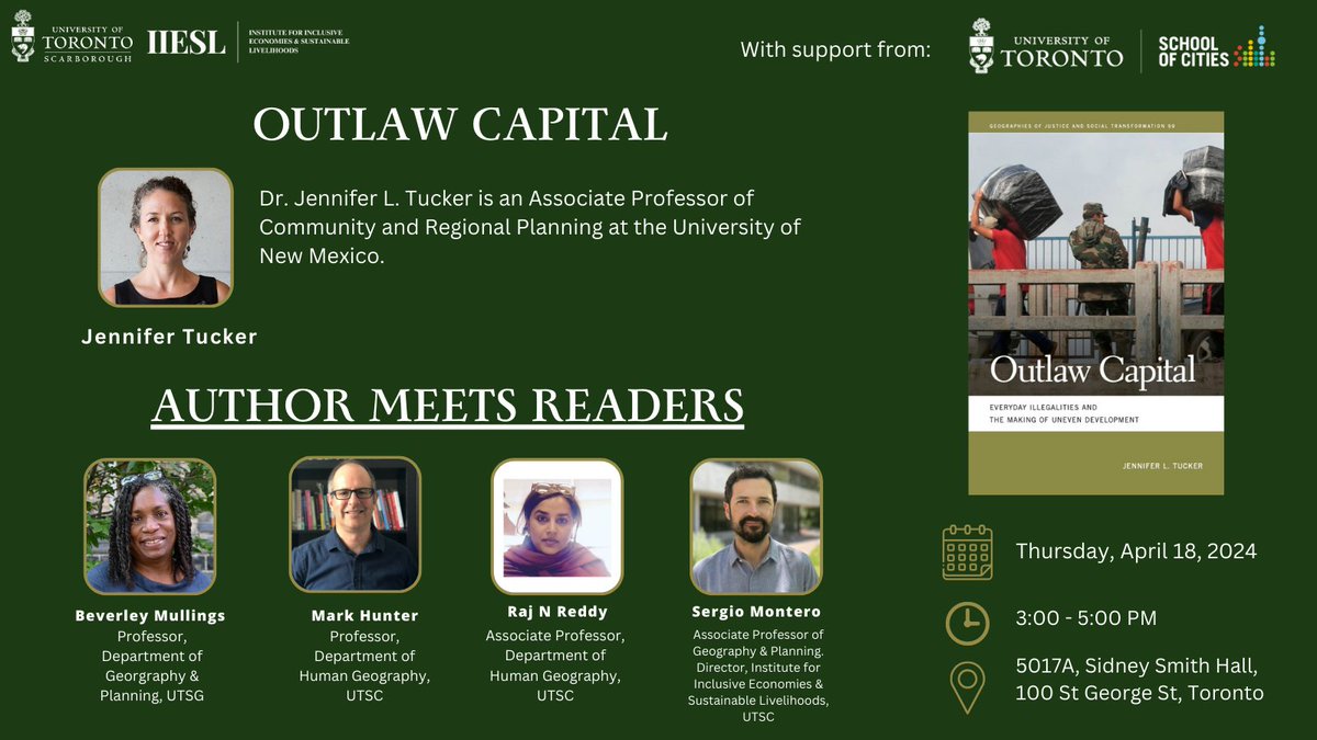 TOMORROW (18th, 3 PM) iRISE’s Inst. for Inclusive Economies and Sustainable Livelihoods (@UTSC) welcomes Jennifer Tucker in convo re. transgressive economies, illegalities in urban dev., racialized narratives of economic legitimacy & legal compliance. 5017A, 100 St George St.