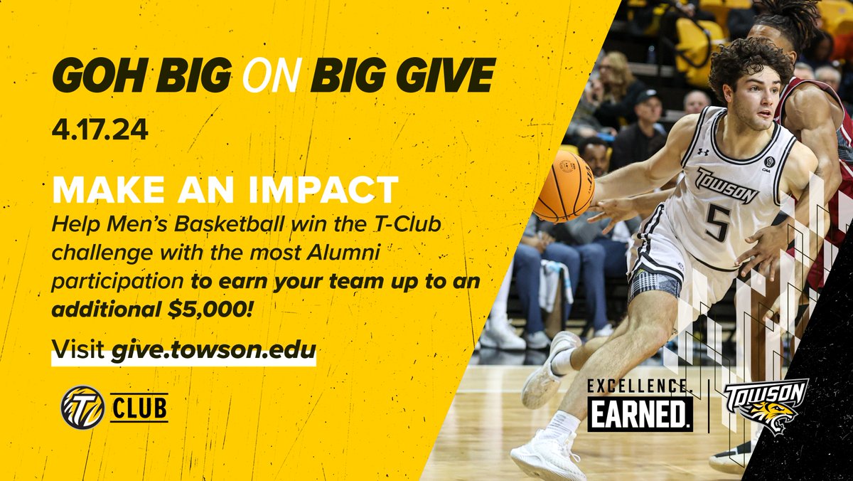 Attention Men's Basketball Alumni – Earn your team an additional $5,000 by winning the grand prize of the T-Club Challenge by having the highest percentage of alumni giving back on Big Give! #GohBig | #GohTigers