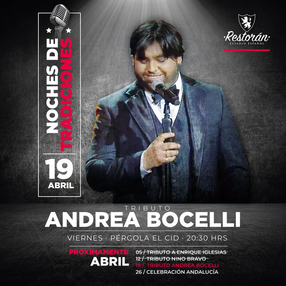 🎶✨ ¡No te pierdas una velada inolvidable el viernes 19/4 las 20:30 horas en la Pérgola 'El Cid'! Ven a disfrutar de nuestra Noche de Tradiciones con un emocionante tributo al gran Andrea Bocelli, acompañado de lo mejor de la gastronomía española. #EstadioEspañol