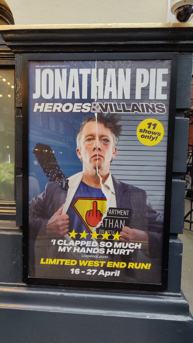 butchermatt's tweet photo. Tonight's entertainment. Jonathan Pie! Somehow ended up on the front row! 😱 Great warm up by #MariaShehata #DukeOfYorkTheatre https://t.co/KJOi6ZgX5w