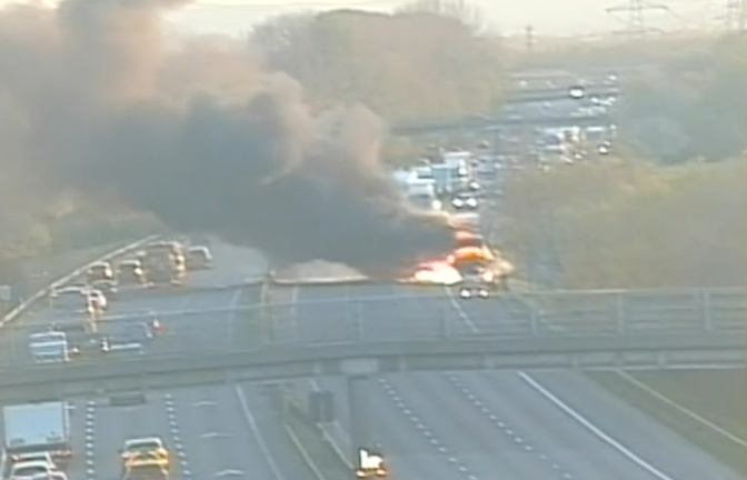 The #M56 eastbound between J14 (#Hapsford) and J12 (#Runcorn), traffic has been STOPPED due to a lorry fire. Lanes 2 and 3 (of 3) are also closed on the westbound carriageway. @NWmwaypolice, @CheshireFire and Traffic Officers are in attendance. Delays building on approach.