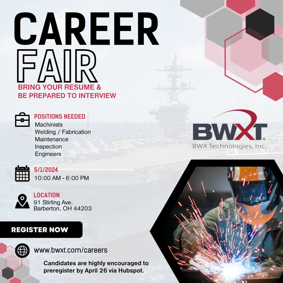 #NowHiring! Our next career fair is set for May 1, 10:00am - 6:00pm in Barberton, Ohio. Hiring #machinists, #engineers, #welders and more! Be sure to bring your printed resume and visit share.hsforms.com/1LvE11t5cTRiX-… to register.