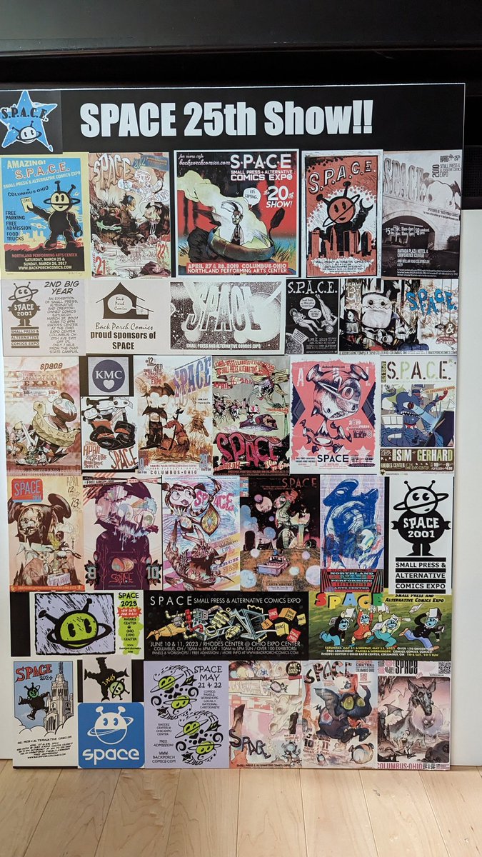 SPACE_CON's tweet image. Not sure if anybody realizes it but this will be the 25th SPACE. So I made a little sign with a lot of our historic poster and flyers art. Thanks to our good friends over at Redi-Quik for the quick turnaround. We will be accept offerings of precious metals at SPACE to celebrate.